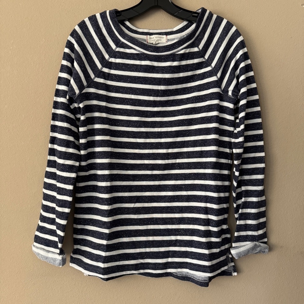 Max Studio Navy and White Striped Top Size S